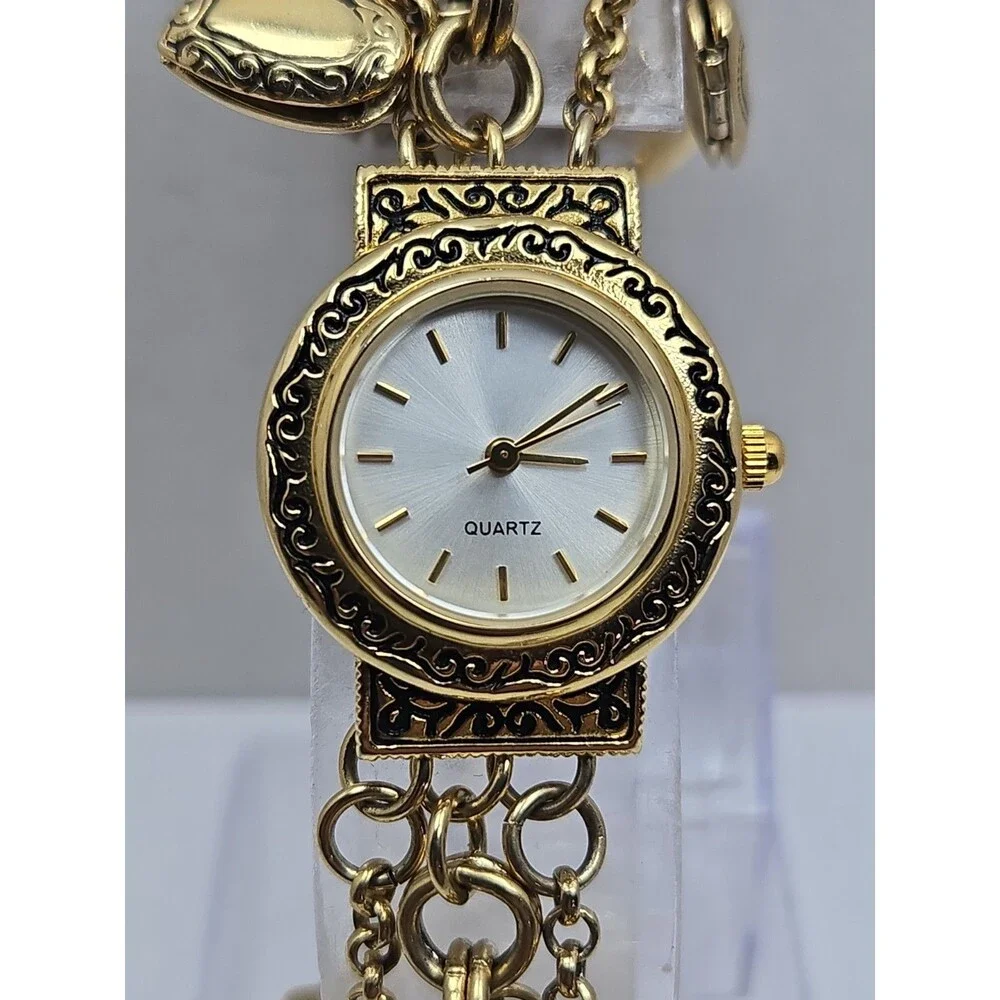 Womens Vintage Gold Tone Hearts Lockets Charms Bracelet Quartz Watch New Battery